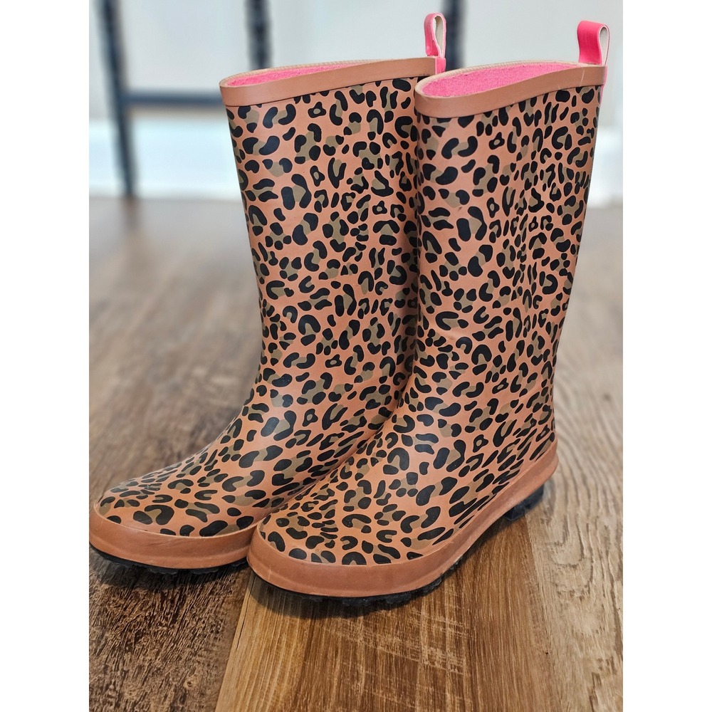 Target Kids Leopard Print Rain Boots Pink Trim Cheetah Rubber Boots Size 4